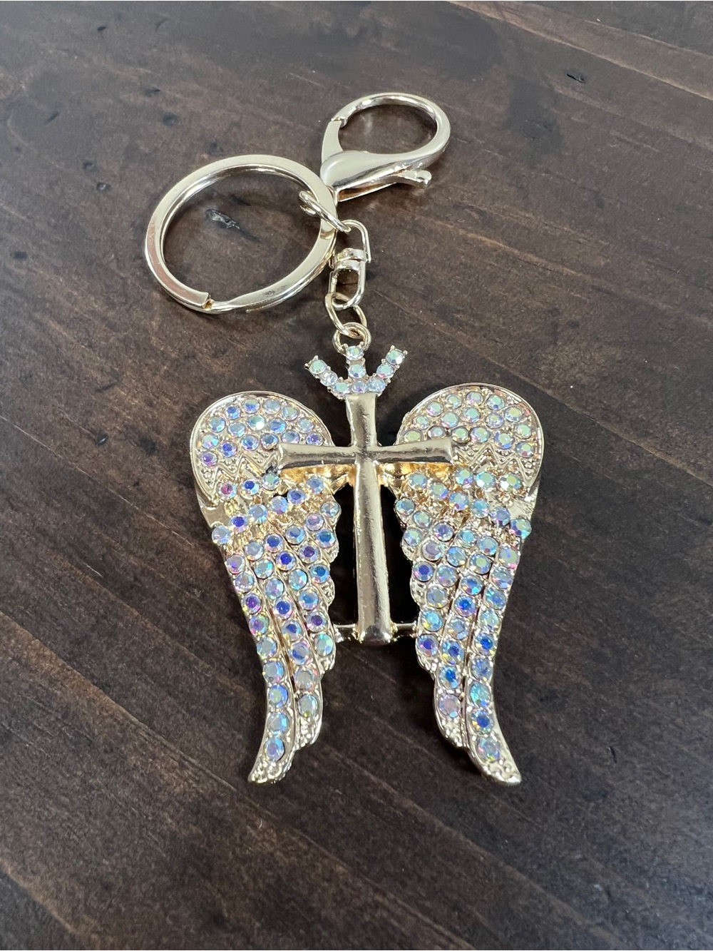 Gold-tone Angel Wing Keychain with Iridescent Rhinestones